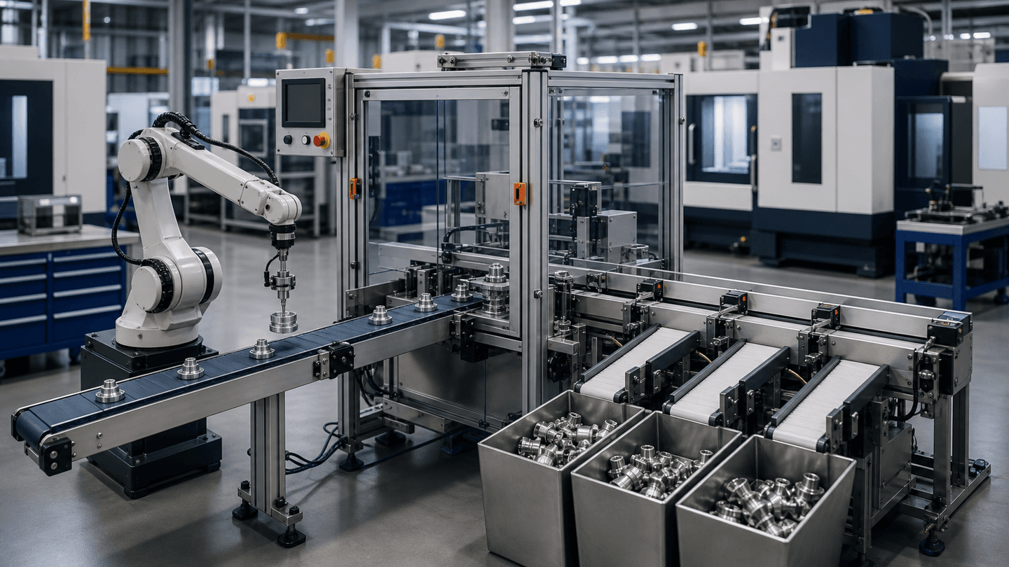 Precision metal parts passing through a compact checkweighing line